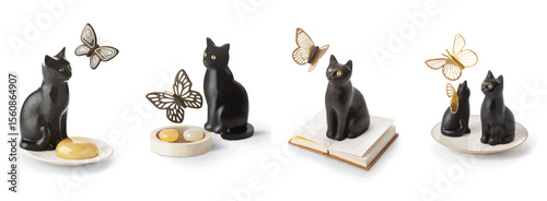 Set of four curated still lifes featuring black cat figurines and butterflies