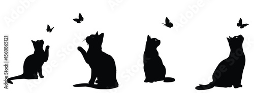 Silhouette of four cats watching flying butterflies on a white background