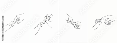 Four illustrations of a parent holding their baby's finger on a white backdrop