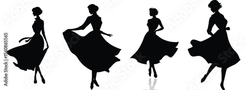 Set of elegant women silhouettes in 1950s fashion posing in black dresses