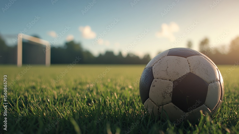 Obraz premium Closeup of a weathered soccer ball resting on vibrant green grass near the goal area on a sunlit sports field, capturing textured surface, blades of grass, and a subtle background of goalpost and blu.