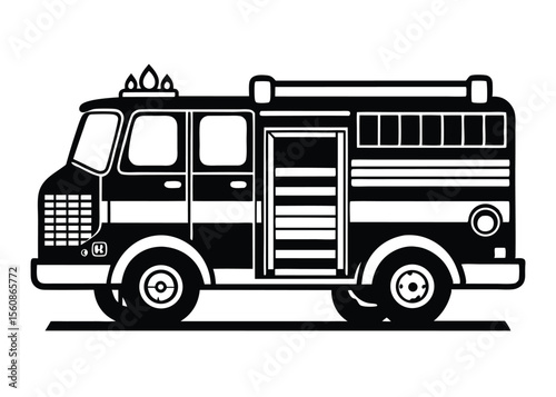Black and White Firetruck Illustration with Open Door, Side View Isolated