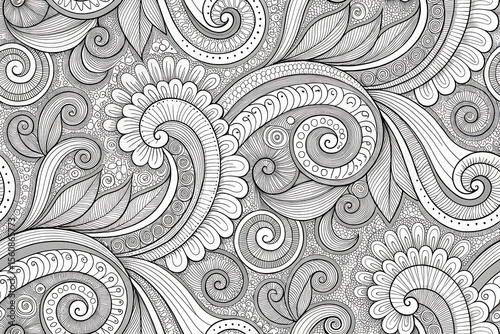 Intricate black and white floral swirls and paisley pattern background