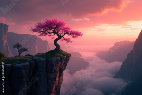 A tree on a cliff with a sunset in the background.