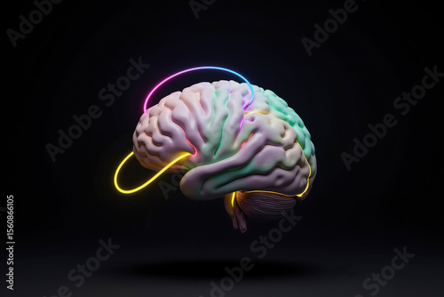 A pastel color brain with neon lights around it.