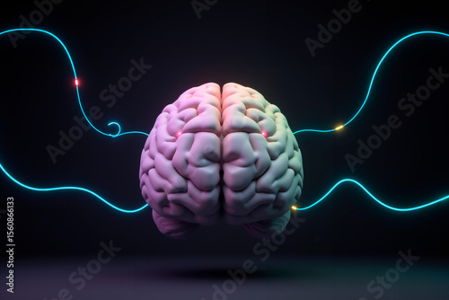 A pastel color brain with neon lights around it.