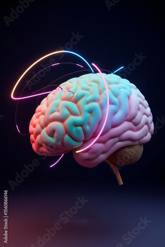A pastel color brain with neon lights around it.