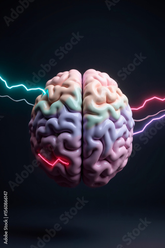 A pastel color brain with neon lights around it.
