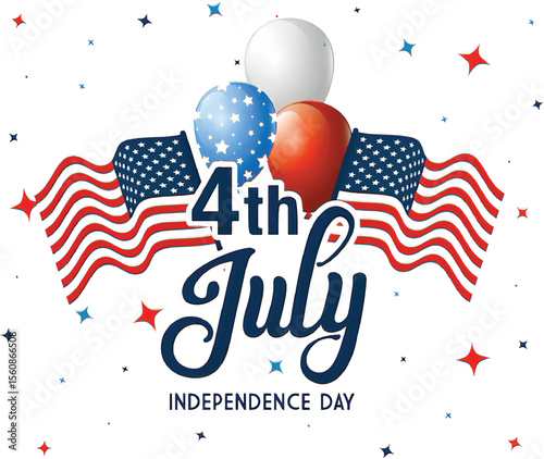 4th of July American Independence Day Lettering, Flag, Hat and Helium Balloons Illustration