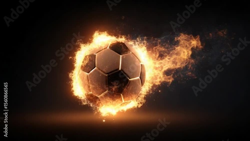Burning Soccer Ball Fiery Action Glowing against Dark Backdrop, Sports Flame Concept, Dramatic