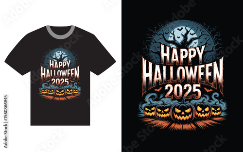 Spooky halloween 2025 t shirt design featuring jack o lanterns and bats