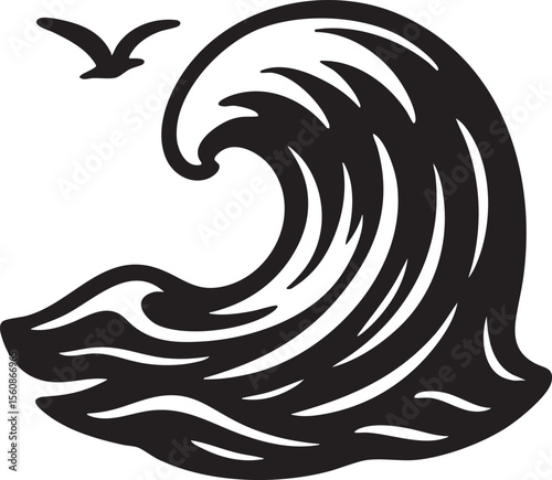 Stylized Black and White Wave with a Bird Silhouette Against a Plain Background Illustration Design This