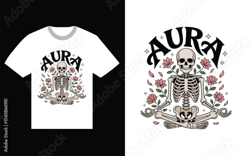 Skeleton meditating surrounded by lotus flowers and stars with the word aura