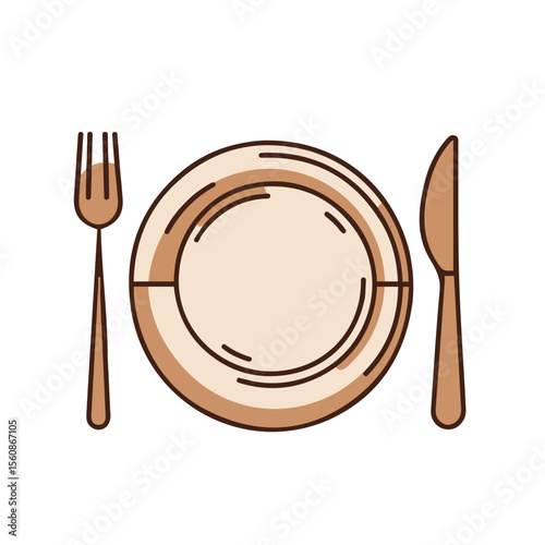 Cutlery set with fork, knife, and empty plate on white background  