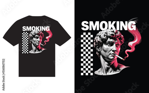 Classical sculpture bust smoking cigarette with red smoke and checkered pattern