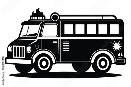 Stylized Black Silhouette Illustration of an Emergency Response Vehicle with a Flame Detail