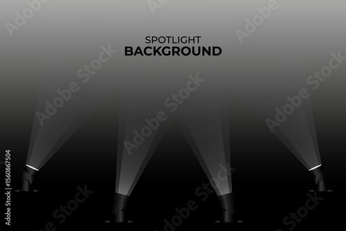 Spotlight dark background template vector with 4 light beams focusing light upwards. Vector illustration for background, spotlight backdrop, template, banner, and promotional design.