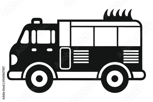Stylized Firetruck Illustration Depicting Emergency Vehicle Design with Flame Graphic and Simple Shapes