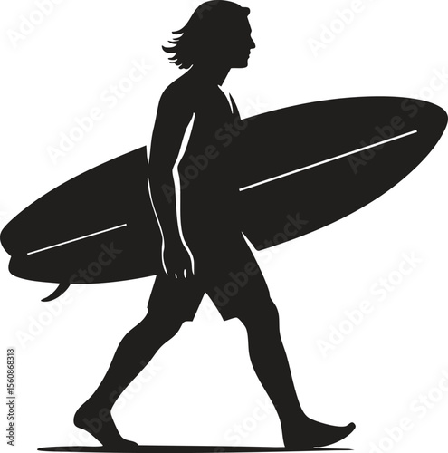 Silhouette of a Surfer Walking with Surfboard A Minimalist Vector Illustration for Beach and Water Sports Enthusiasts