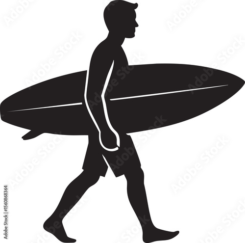 Silhouette of a man walking with a surfboard embodying the surfing lifestyle and beach culture set against a clean white background