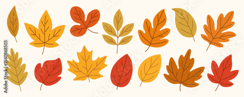 Collection of Stylized Autumn Leaves – Flat Hand Drawn Illustration of Colorful Leaves in Warm Hues for Fall Crafts, Paper Design, and Seasonal Projects