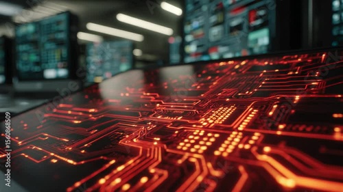 A glowing circuit board dominates the foreground, surrounded by blurry control panels and monitors in a dimly lit tech room