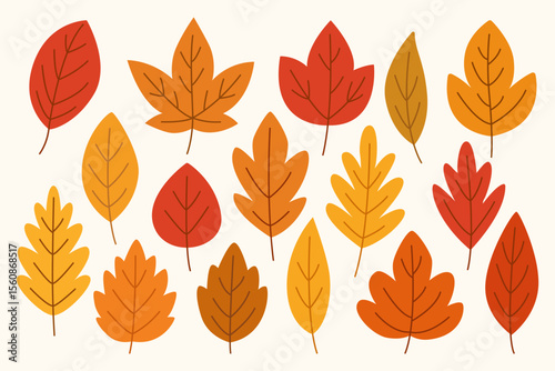 Flat Vector Set of Autumn Leaves from Various Trees – Hand Drawn Fall Foliage for Thanksgiving Cards, Hello Autumn Designs, and Nature-Themed Projects