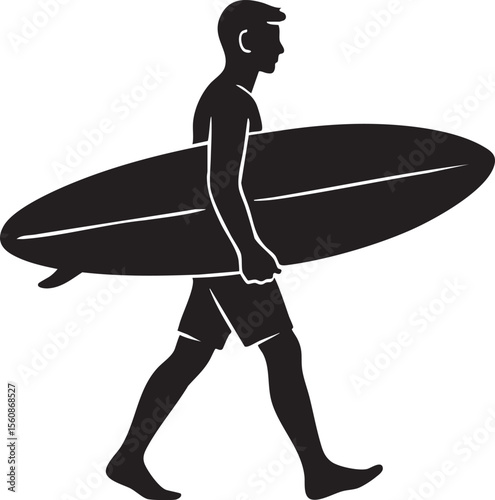 Silhouette of a man walking with a surfboard embodying the surfing lifestyle and beach culture with minimalist design