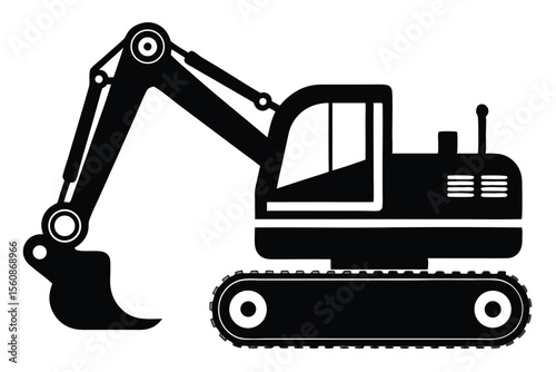 Vector Illustration of a Black Excavator with Visible Tracks and Hydraulic Arm Design
