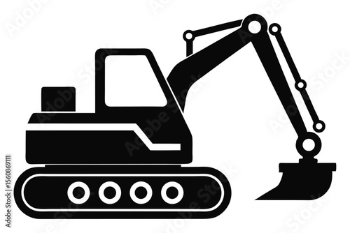 Black Silhouette Illustration of a Heavy Construction Excavator with Tracks and Bucket
