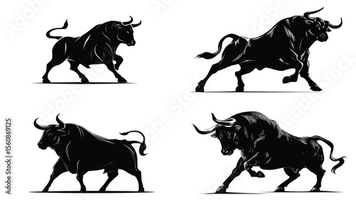 Set of black stylized bull illustrations in various poses