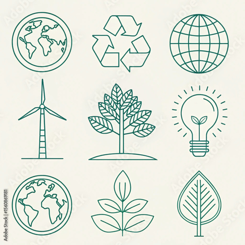 Collection of clean energy and environmental conservation themed line icons