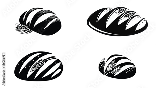 Set of bread loaves illustrated in black and white with wheat icon