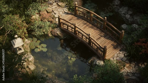 A serene wooden bridge arches over a tranquil pond with lily pads. Lush foliage and a stone lantern decorate the Japanese garden scene