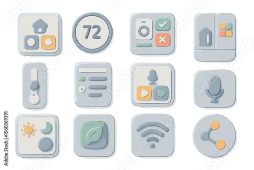 Minimalist smart home app icons for interface design in soft pastel colors