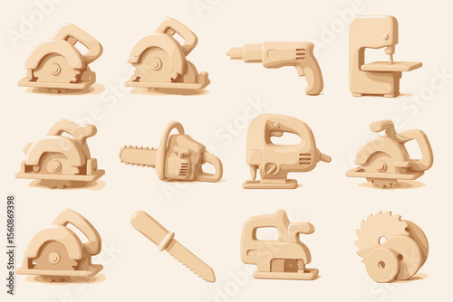 Set of beige 3d icons of various industrial tools on light background