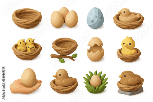Collection of cute clay chicks and nests with eggs in various stages