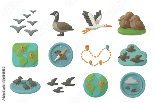 Cartoon icons of birds, globes, and travel symbols in soft colors