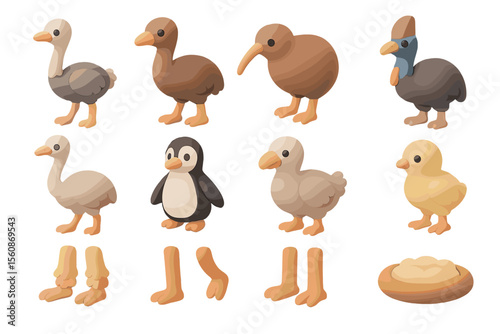 Cute cartoon birds and eggs collection on gradient background