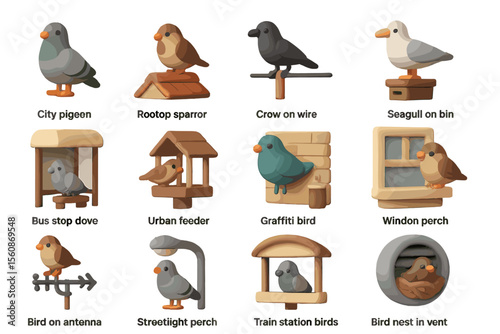 Whimsical bird sculptures in urban and natural settings display various behaviors