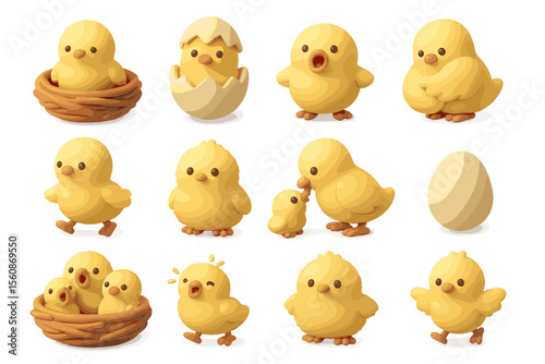 Cute yellow chicks emerging from eggs in various adorable poses