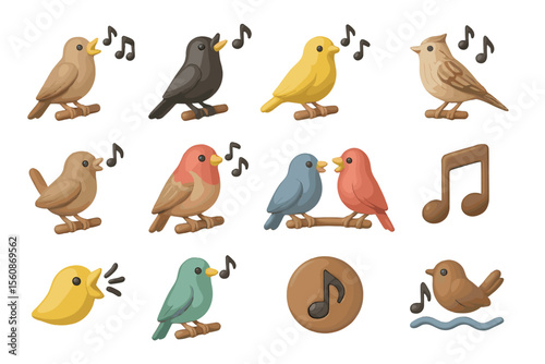 Colorful birds with music notes on wooden branches