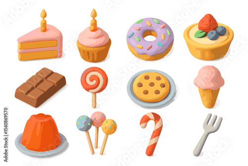Colorful assorted desserts collection featuring cupcakes, donuts, and sweets