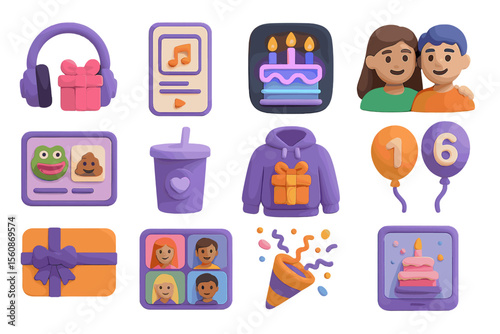 Colorful 3d birthday icons with cake, gift, and balloons in purple and orange theme