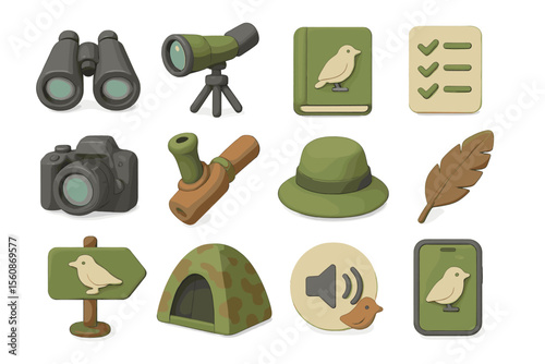 Birdwatching essentials icons: binoculars, camera, telescope, book, hat, feather