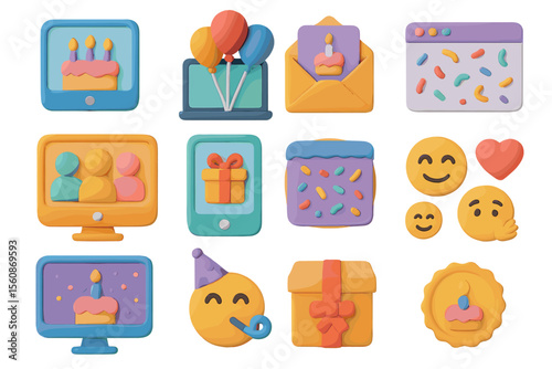 Colorful birthday celebration icons with cakes, balloons, and gift boxes