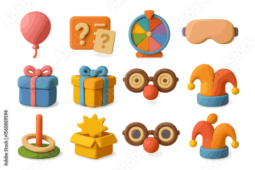 Colorful clay style party icons - balloons, gifts, glasses, and games