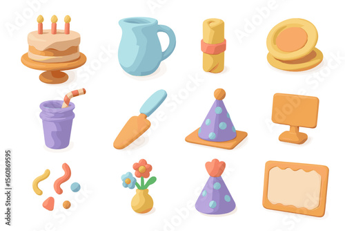 Colorful clay party icons with cake, balloons, and festive decorations