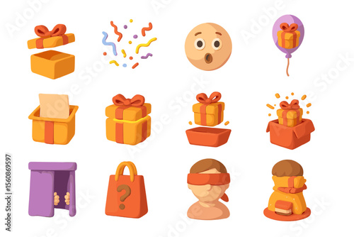 3d cute surprise elements: gifts, balloons, shopping bags, faces, curtains