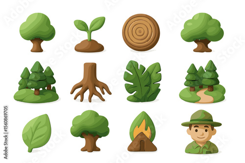 Cartoon forest icons: trees, plants, and ranger in green theme